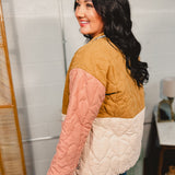 Color Block Quilted Button Down Jacket - Tobacco/Pink