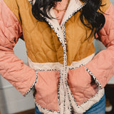 Color Block Quilted Button Down Jacket - Tobacco/Pink