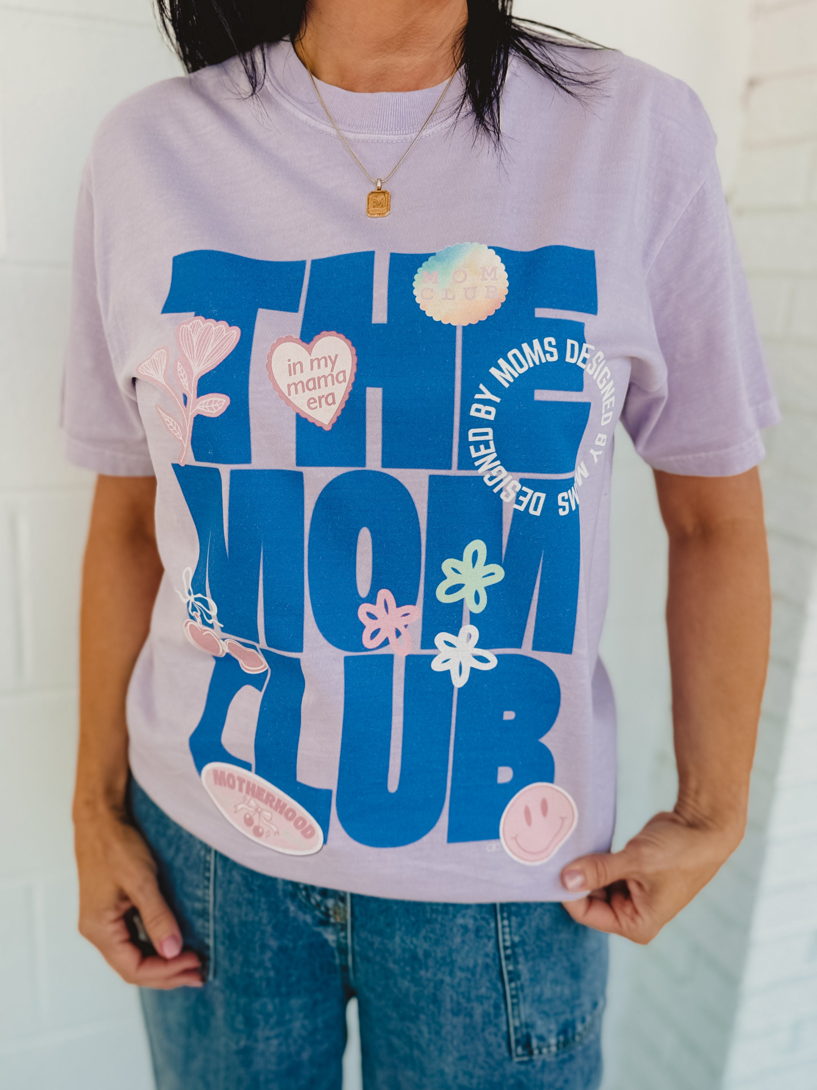 The Mom Club Sticker Patch Graphic Tee - Lavender - Lace and Grace Boutique