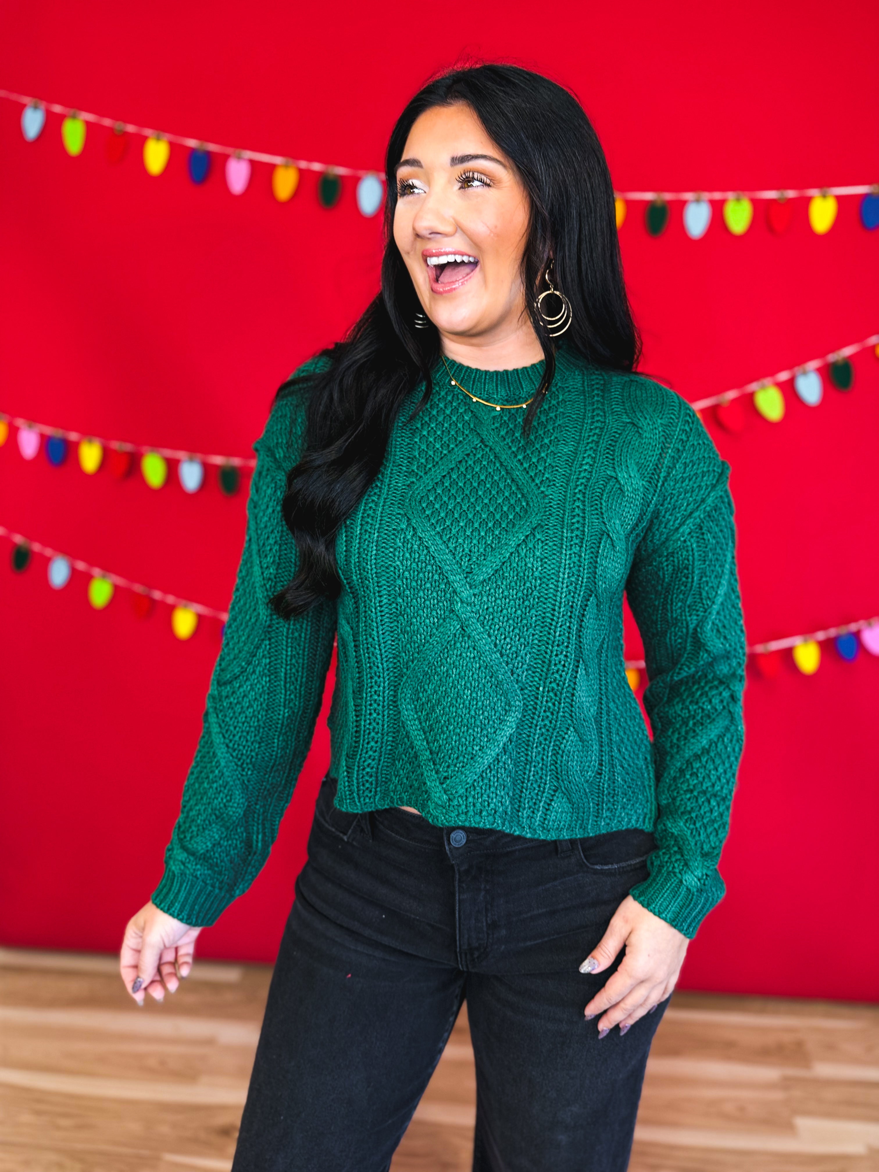 Cable Knit Drop Shoulder Sweater - Forest - Lace and Grace Boutique