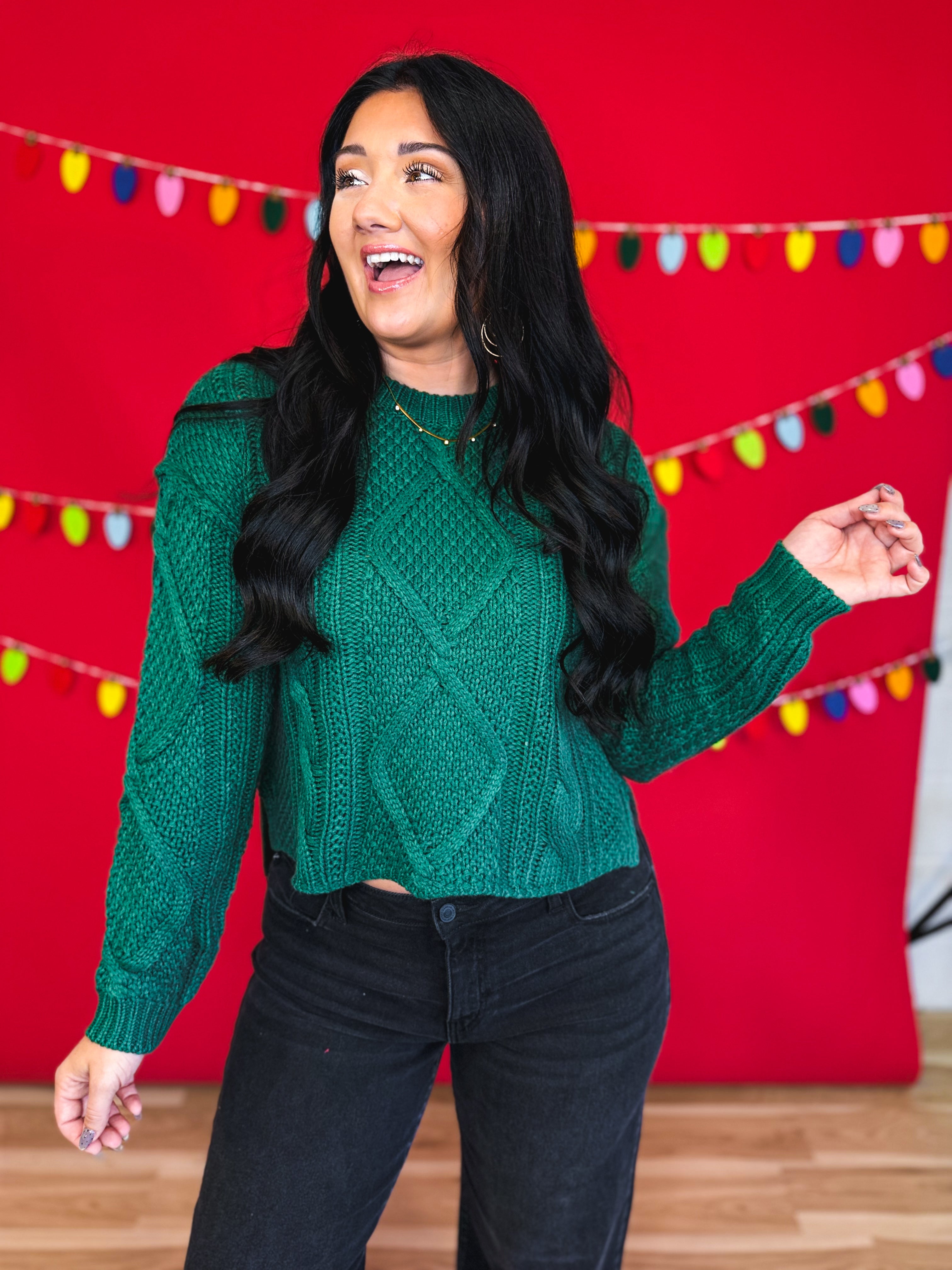 Cable Knit Drop Shoulder Sweater - Forest - Lace and Grace Boutique