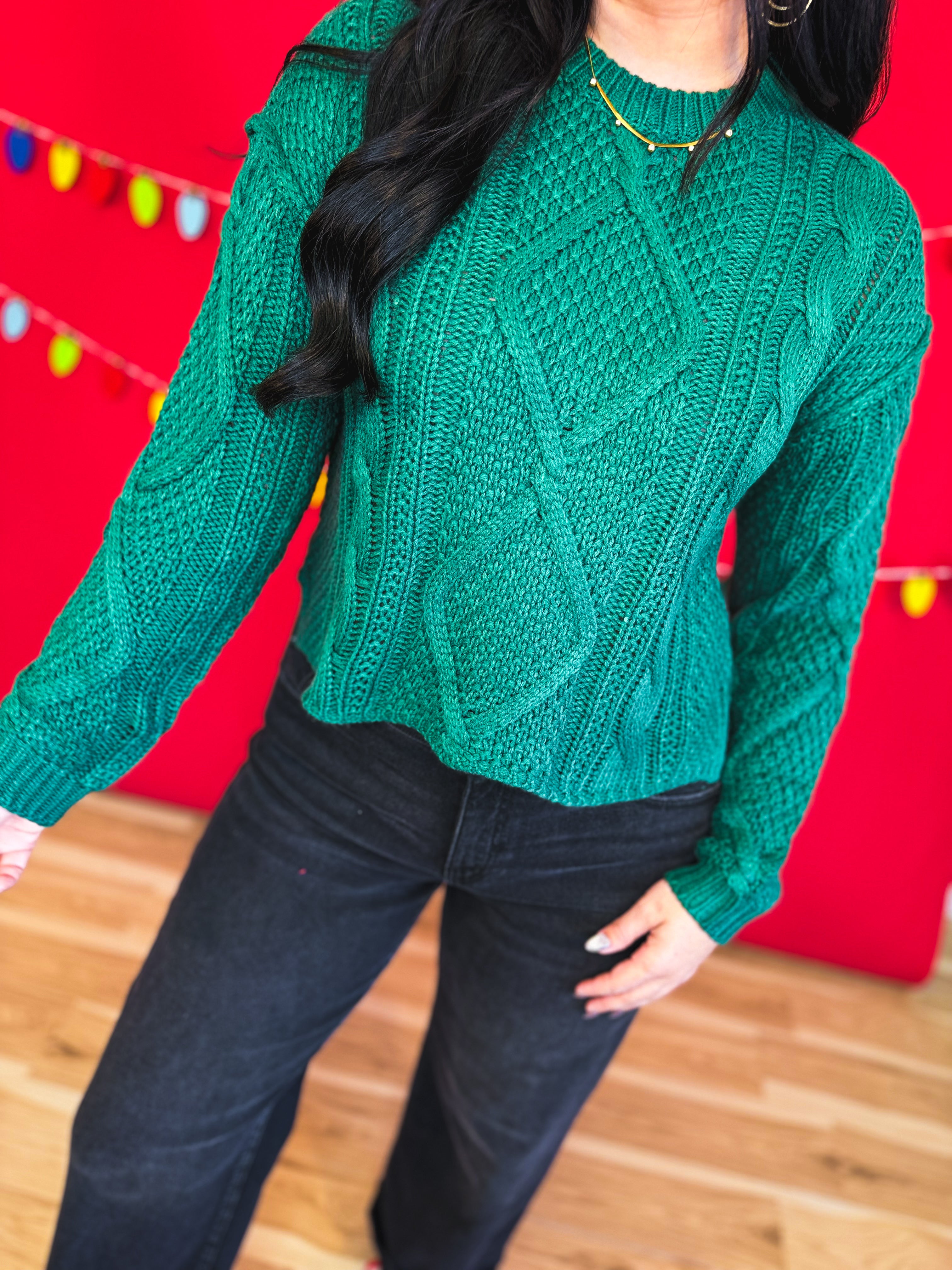 Cable Knit Drop Shoulder Sweater - Forest - Lace and Grace Boutique