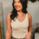 Ribbed Padded V-Neck Tank - Sand Beige