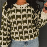 Contrast Square Knit Crewneck Sweater - Olive