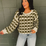 Contrast Square Knit Crewneck Sweater - Olive