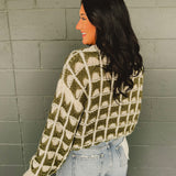 Contrast Square Knit Crewneck Sweater - Olive