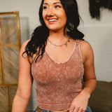 Ribbed Padded V-Neck Tank - Deep Camel