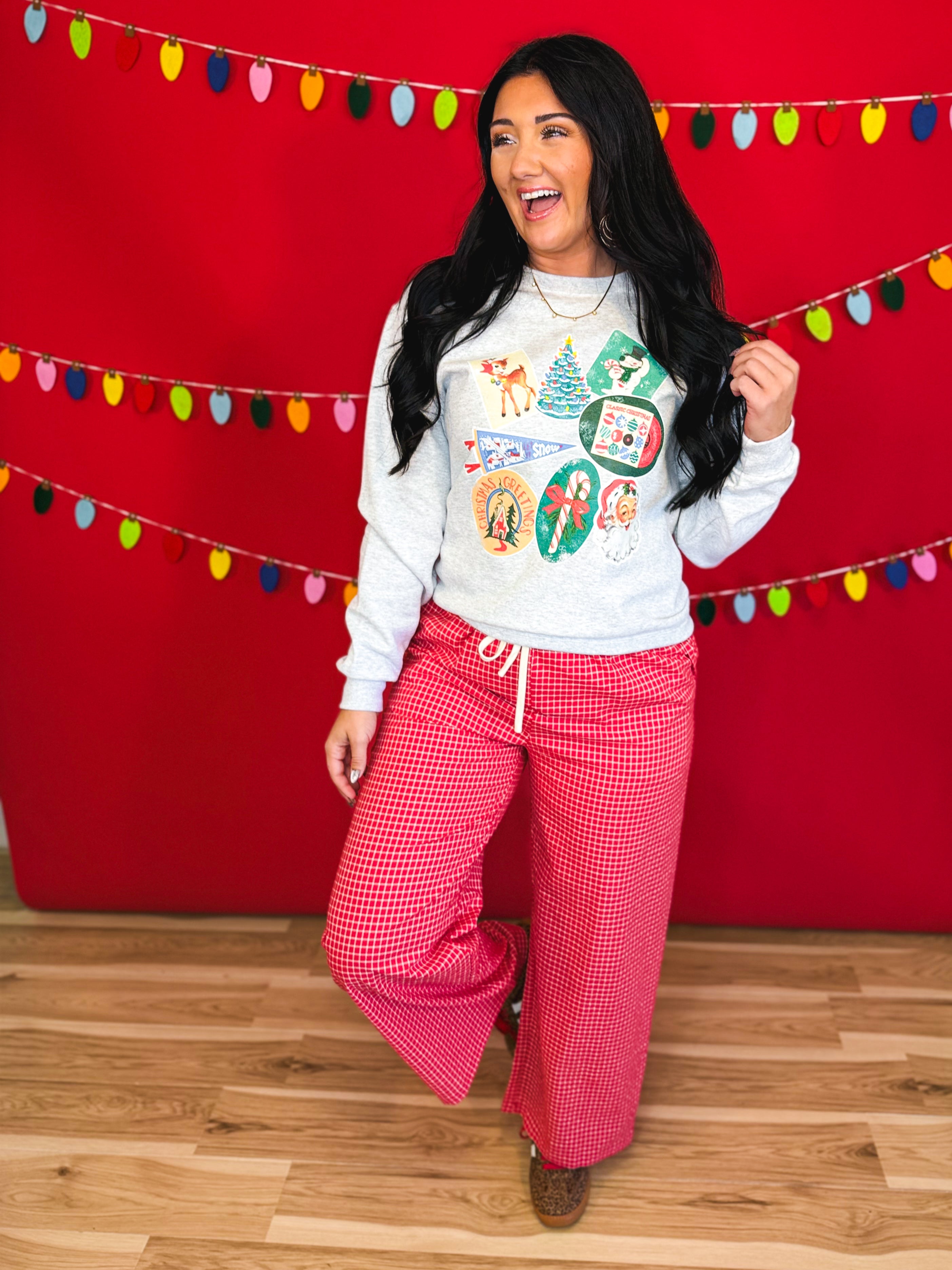 '90s Vintage Christmas Sticker Graphic Sweatshirt - Ash - Lace and Grace Boutique
