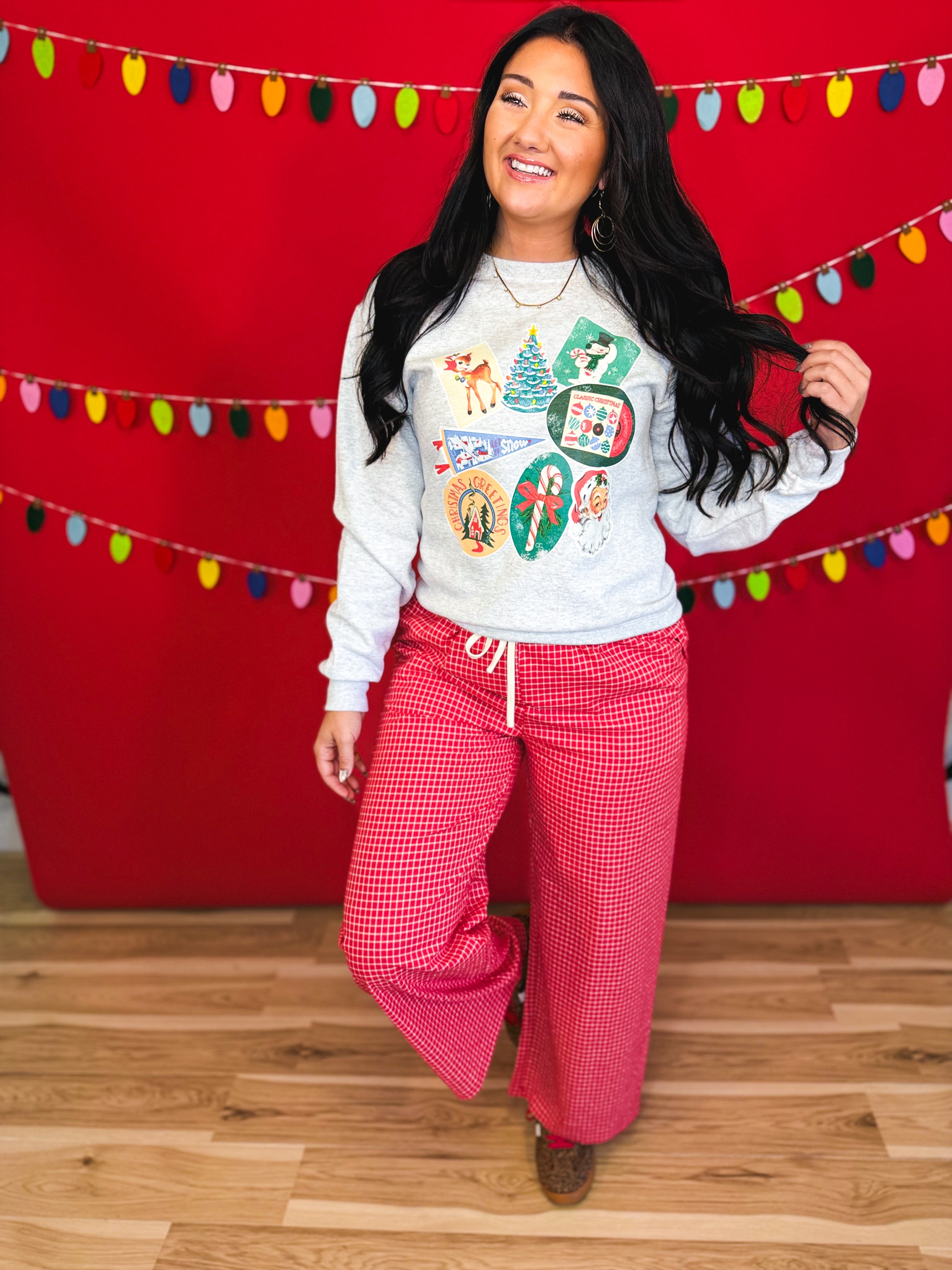 '90s Vintage Christmas Sticker Graphic Sweatshirt - Ash - Lace and Grace Boutique