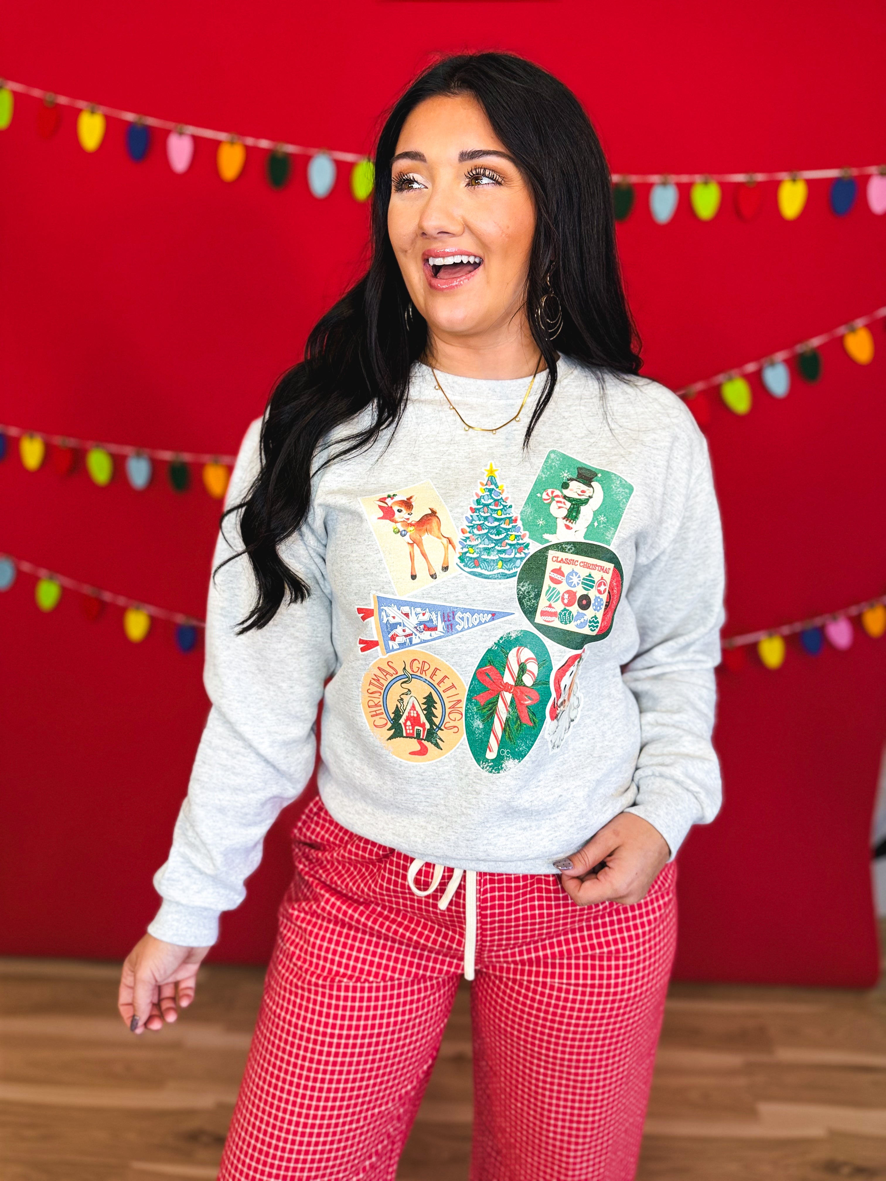 '90s Vintage Christmas Sticker Graphic Sweatshirt - Ash - Lace and Grace Boutique