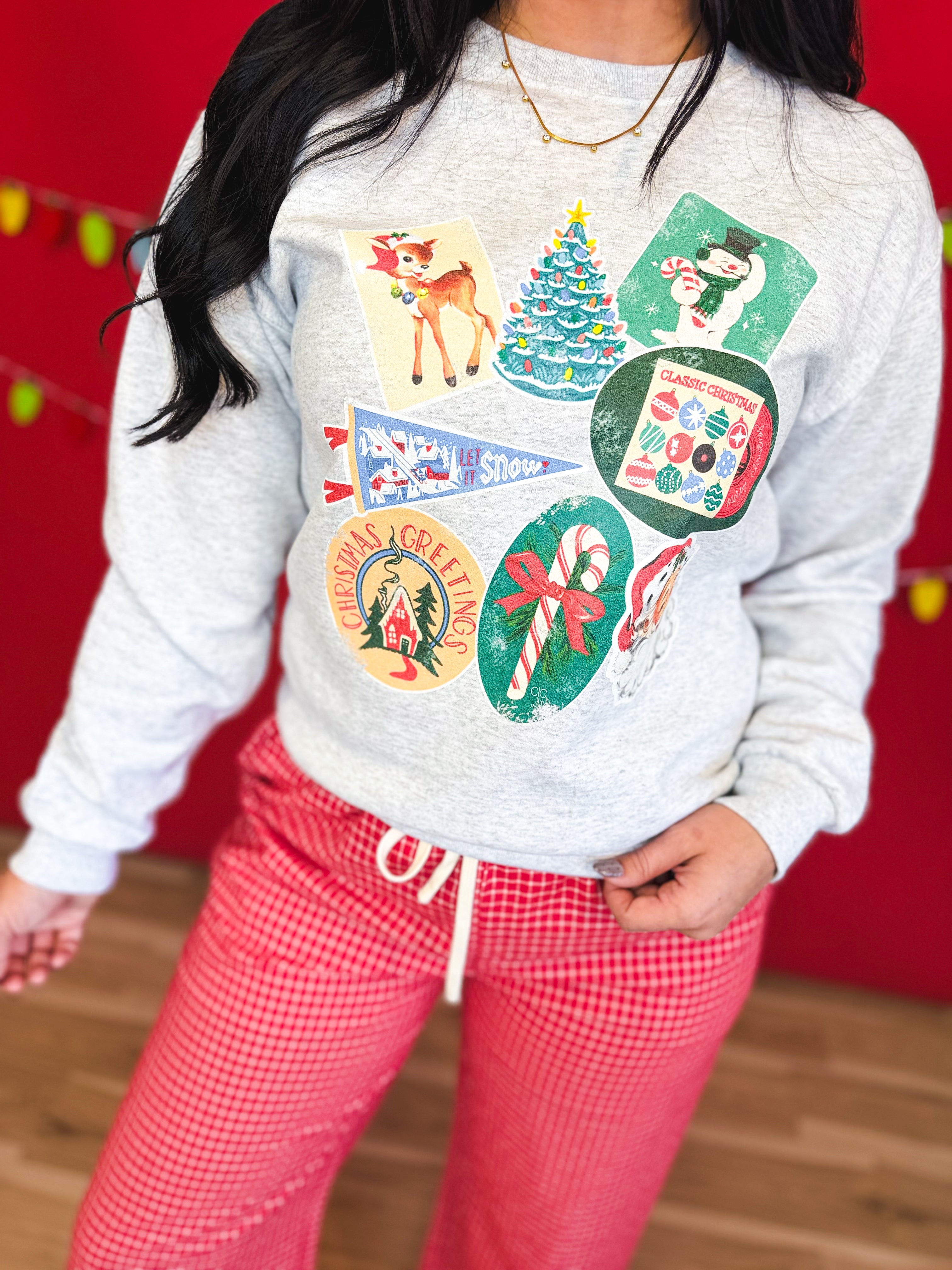 '90s Vintage Christmas Sticker Graphic Sweatshirt - Ash - Lace and Grace Boutique