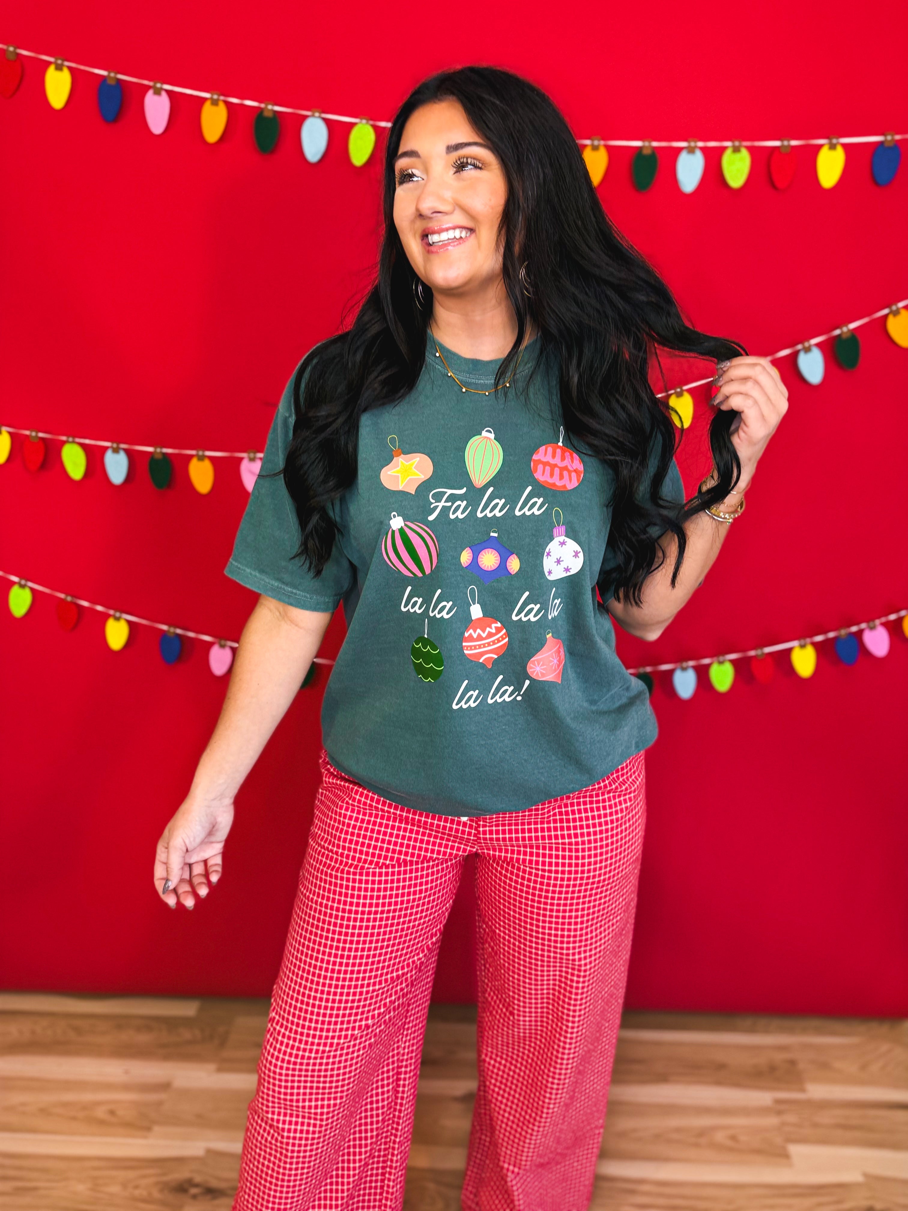 Fa La La Christmas Ornaments Graphic Tee - Blue Bruce - Lace and Grace Boutique