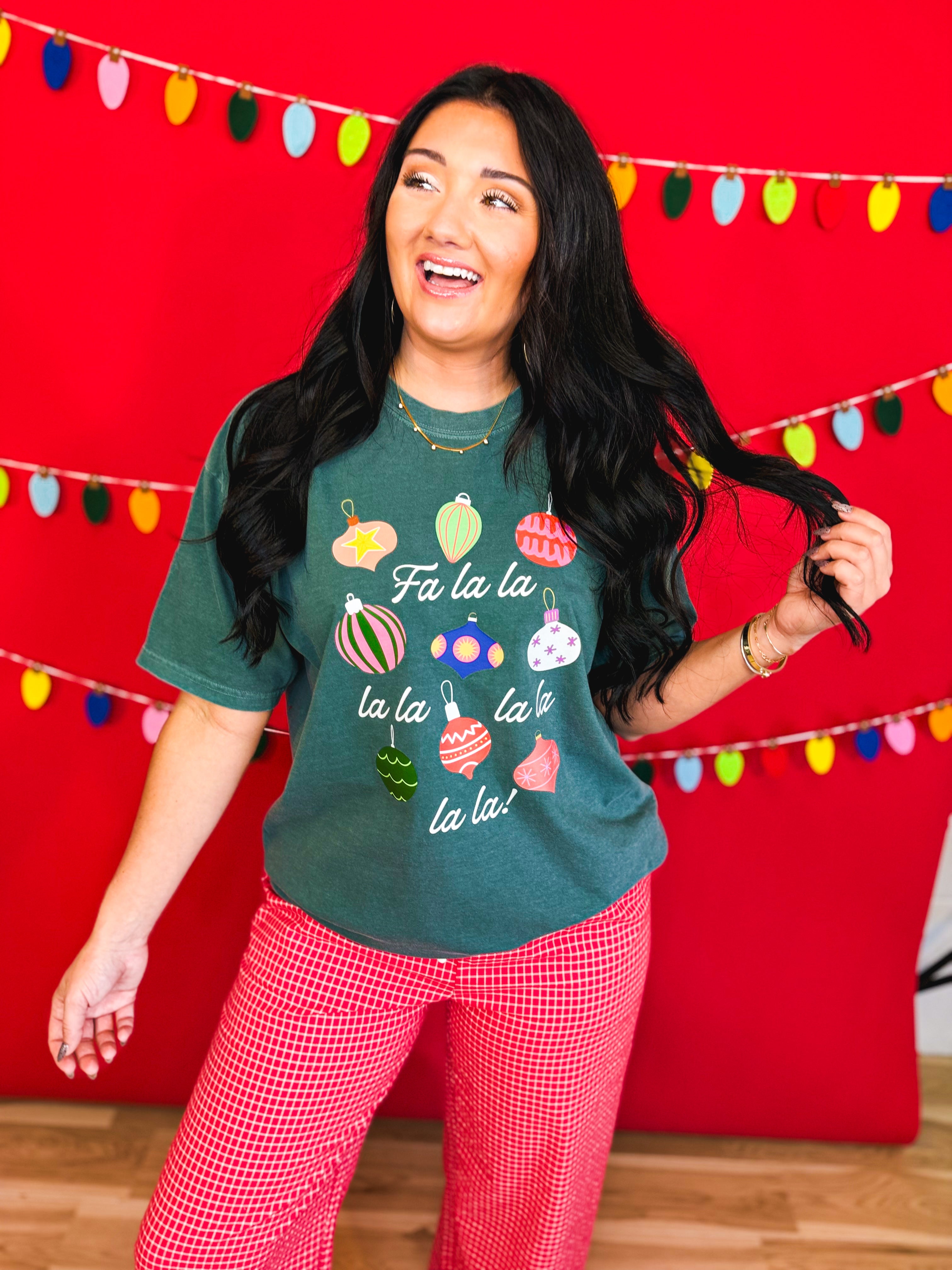 Fa La La Christmas Ornaments Graphic Tee - Blue Bruce - Lace and Grace Boutique