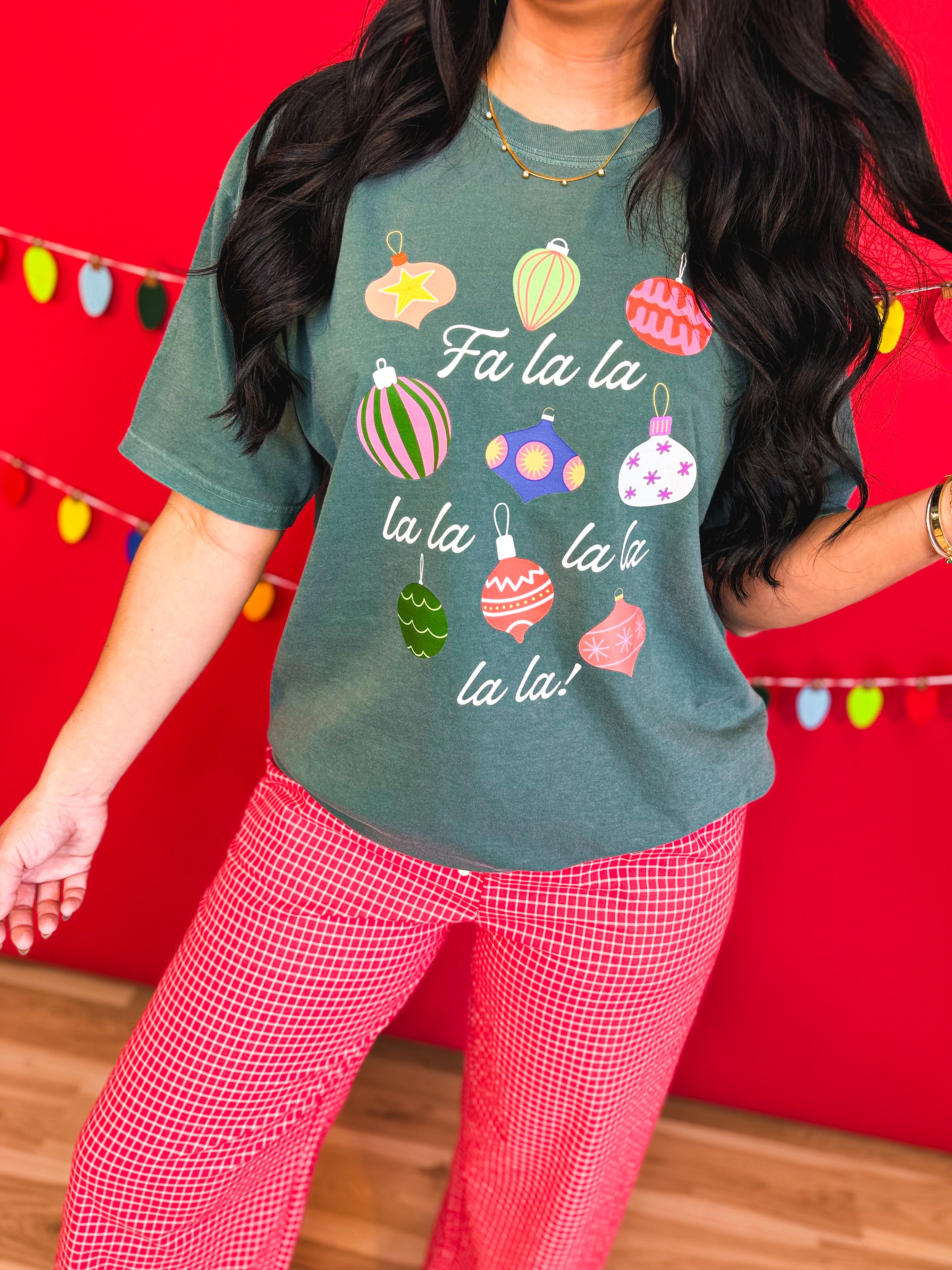 Fa La La Christmas Ornaments Graphic Tee - Blue Bruce - Lace and Grace Boutique