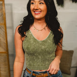 Ribbed Padded V-Neck Tank - Ash Olive