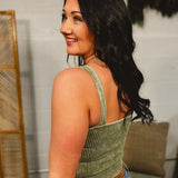 Ribbed Padded V-Neck Tank - Ash Olive