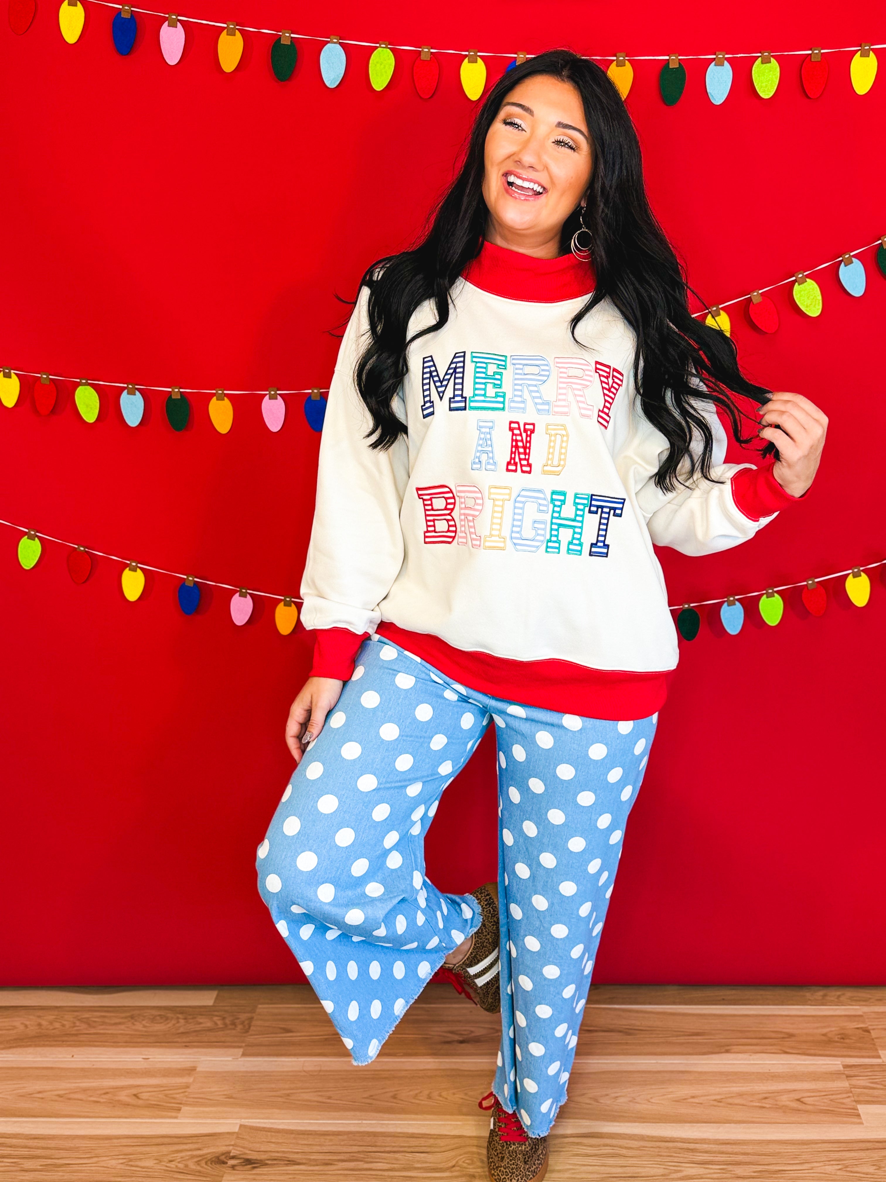 Merry & Bright Oversized Mock Neck Pullover Top - Cream/Red - Lace and Grace Boutique