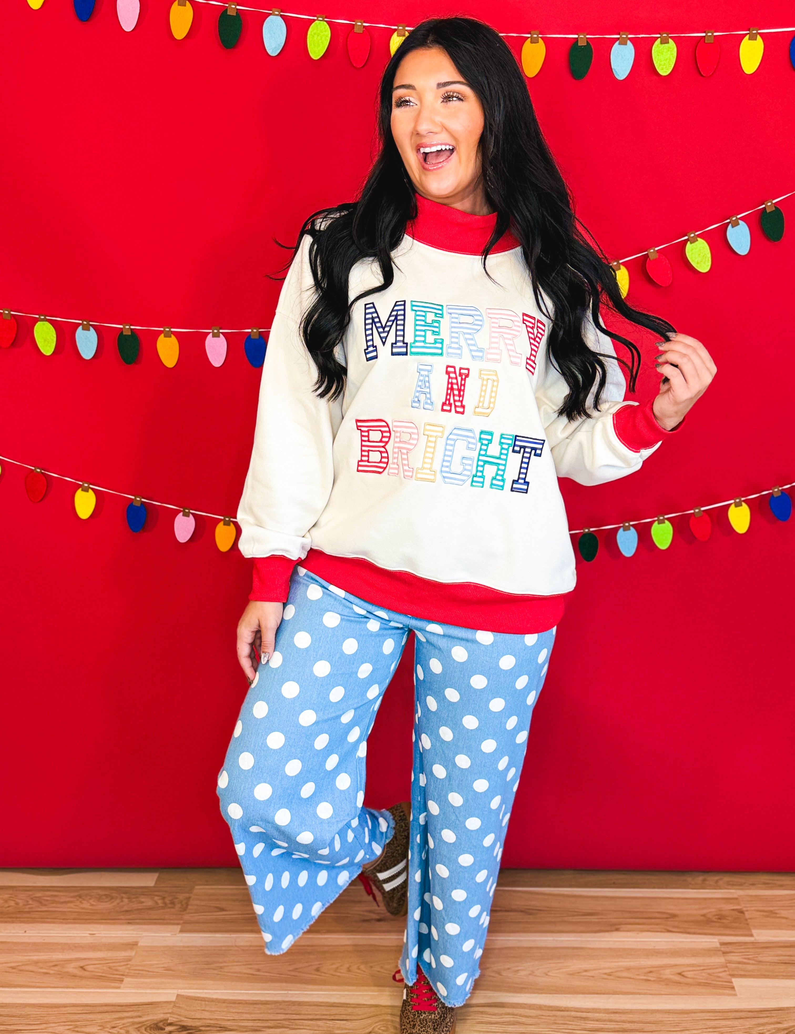 Merry & Bright Oversized Mock Neck Pullover Top - Cream/Red - Lace and Grace Boutique