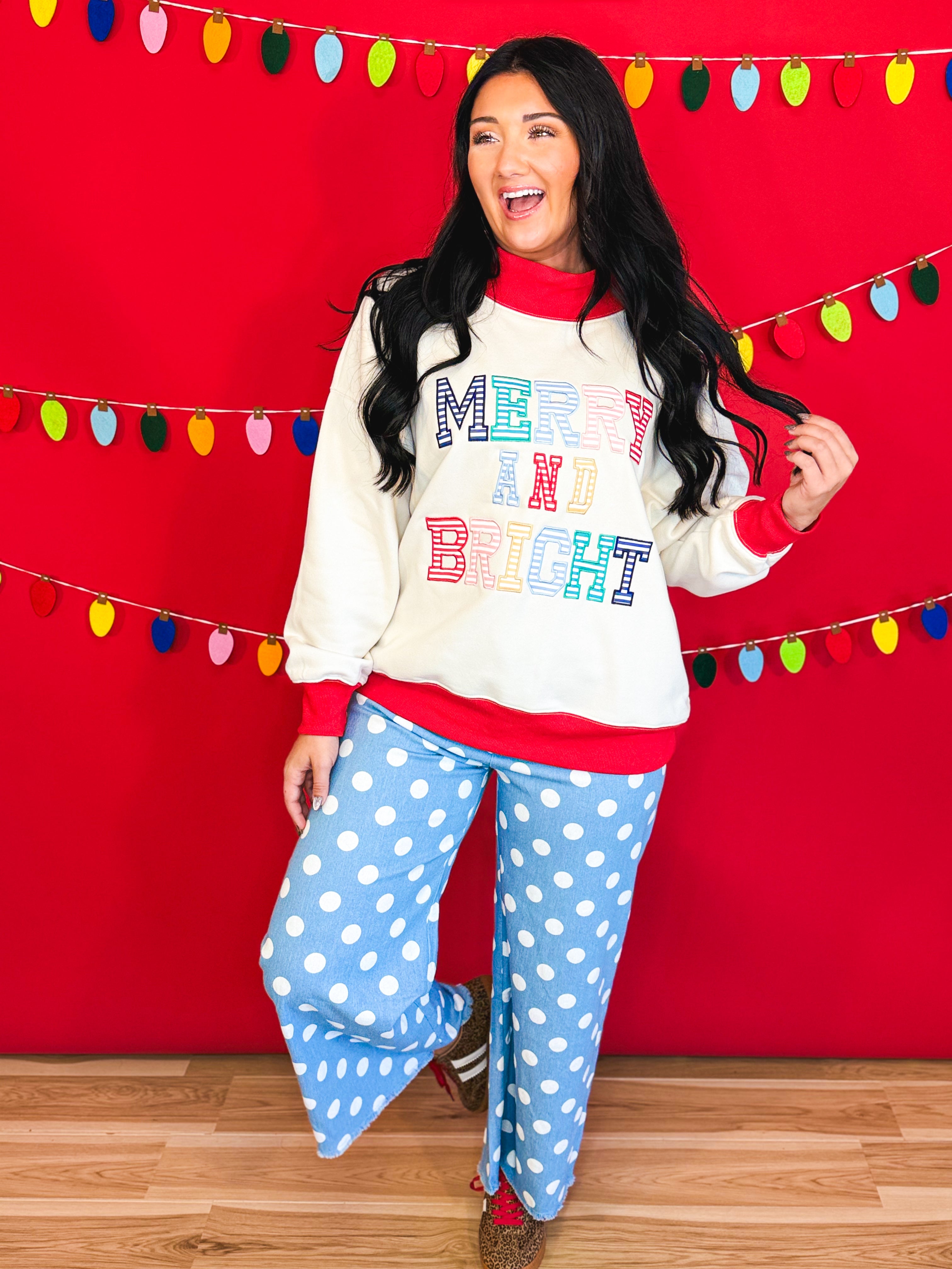 Merry & Bright Oversized Mock Neck Pullover Top - Cream/Red - Lace and Grace Boutique