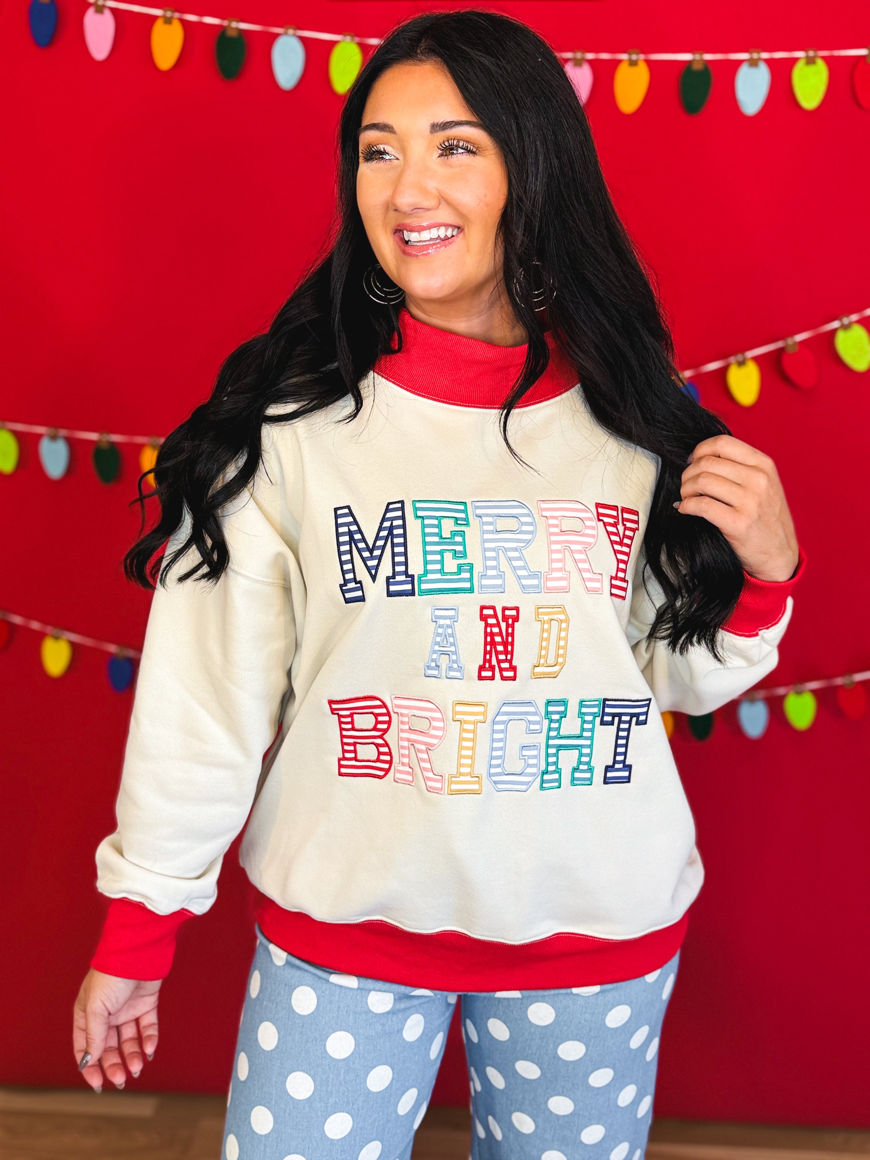 Merry & Bright Oversized Mock Neck Pullover Top - Cream/Red - Lace and Grace Boutique