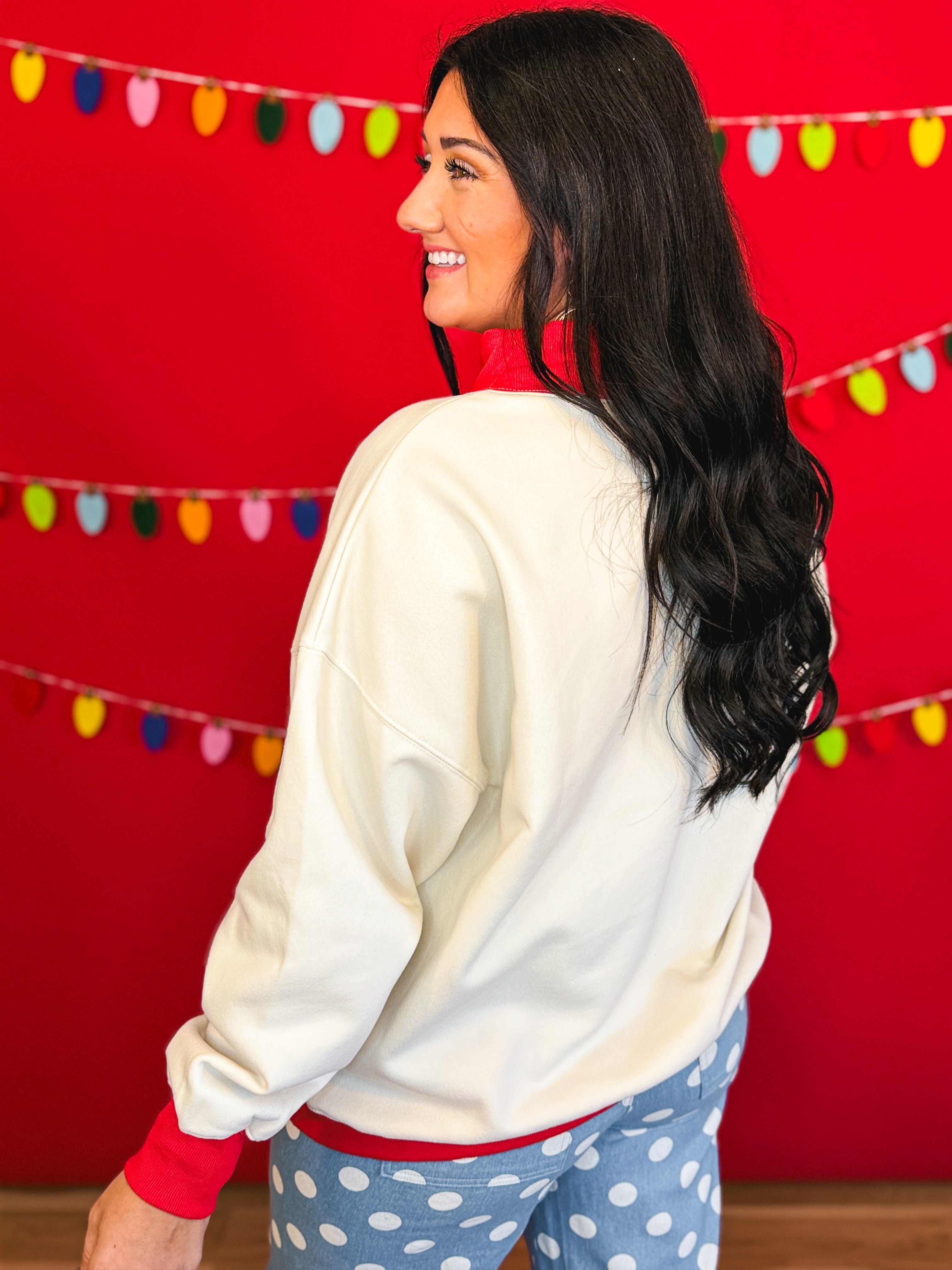 Merry & Bright Oversized Mock Neck Pullover Top - Cream/Red - Lace and Grace Boutique