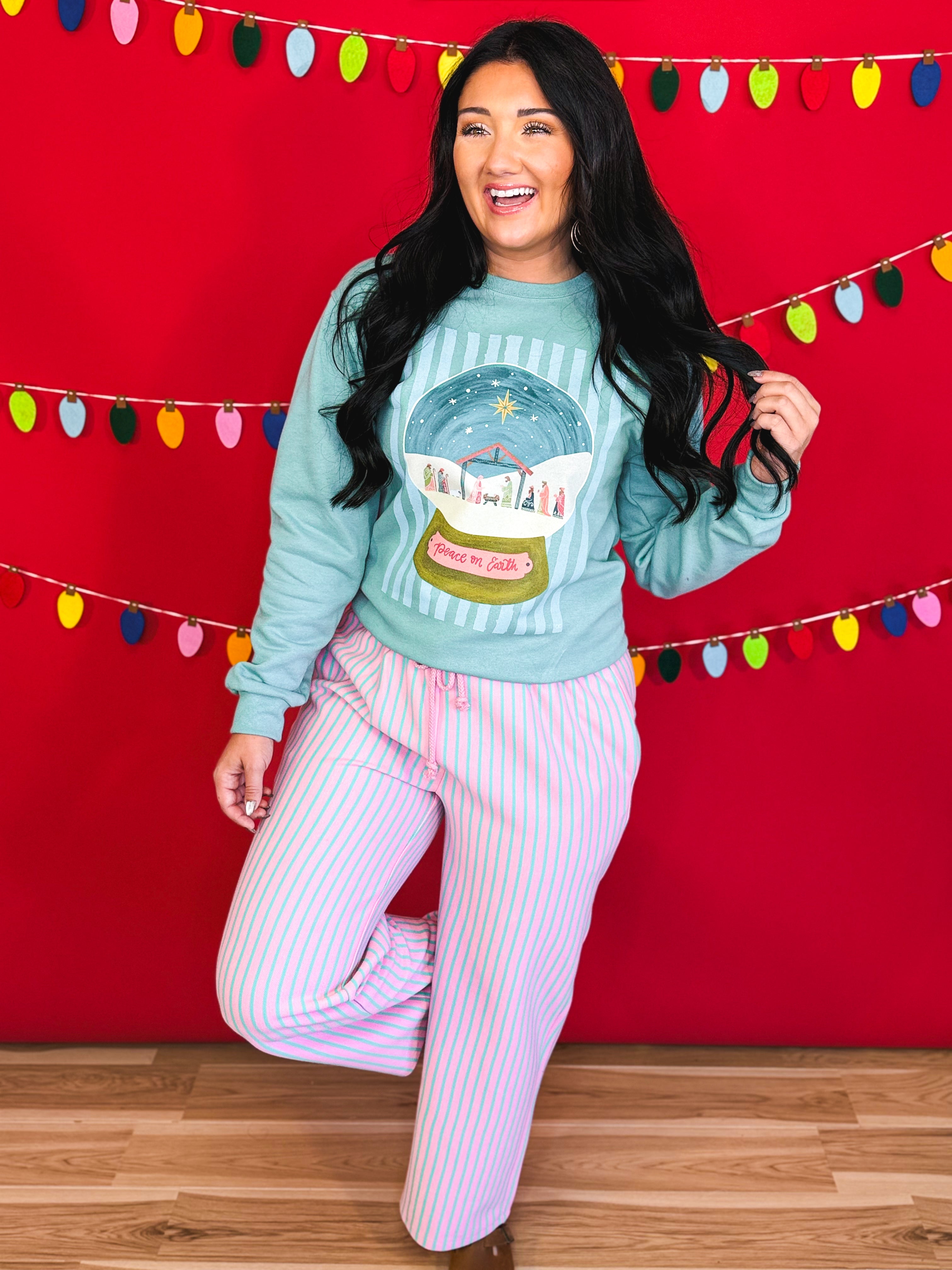 Peace on Earth Nativity Globe Graphic Sweatshirt - Sage - Lace and Grace Boutique