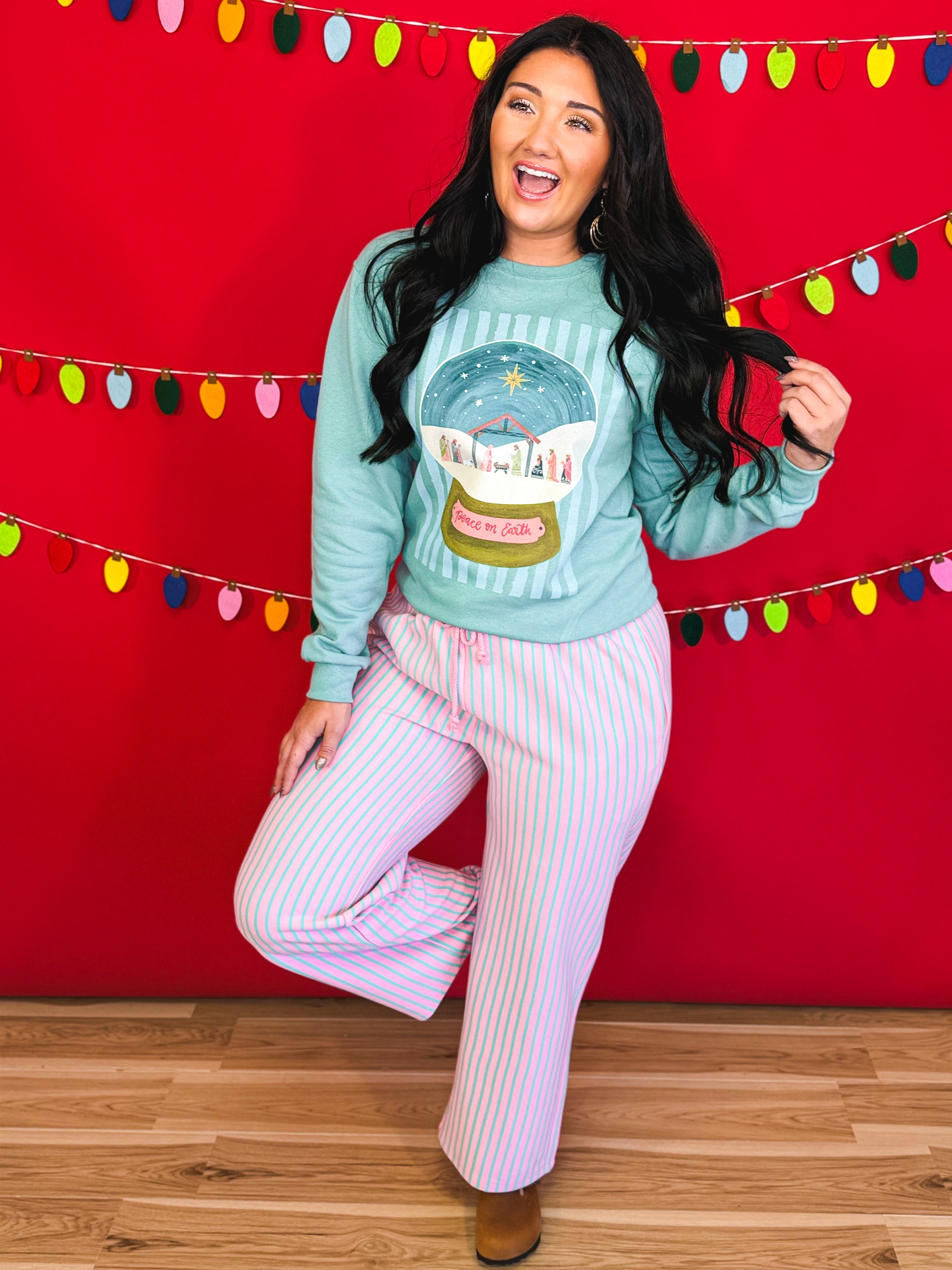 Peace on Earth Nativity Globe Graphic Sweatshirt - Sage - Lace and Grace Boutique