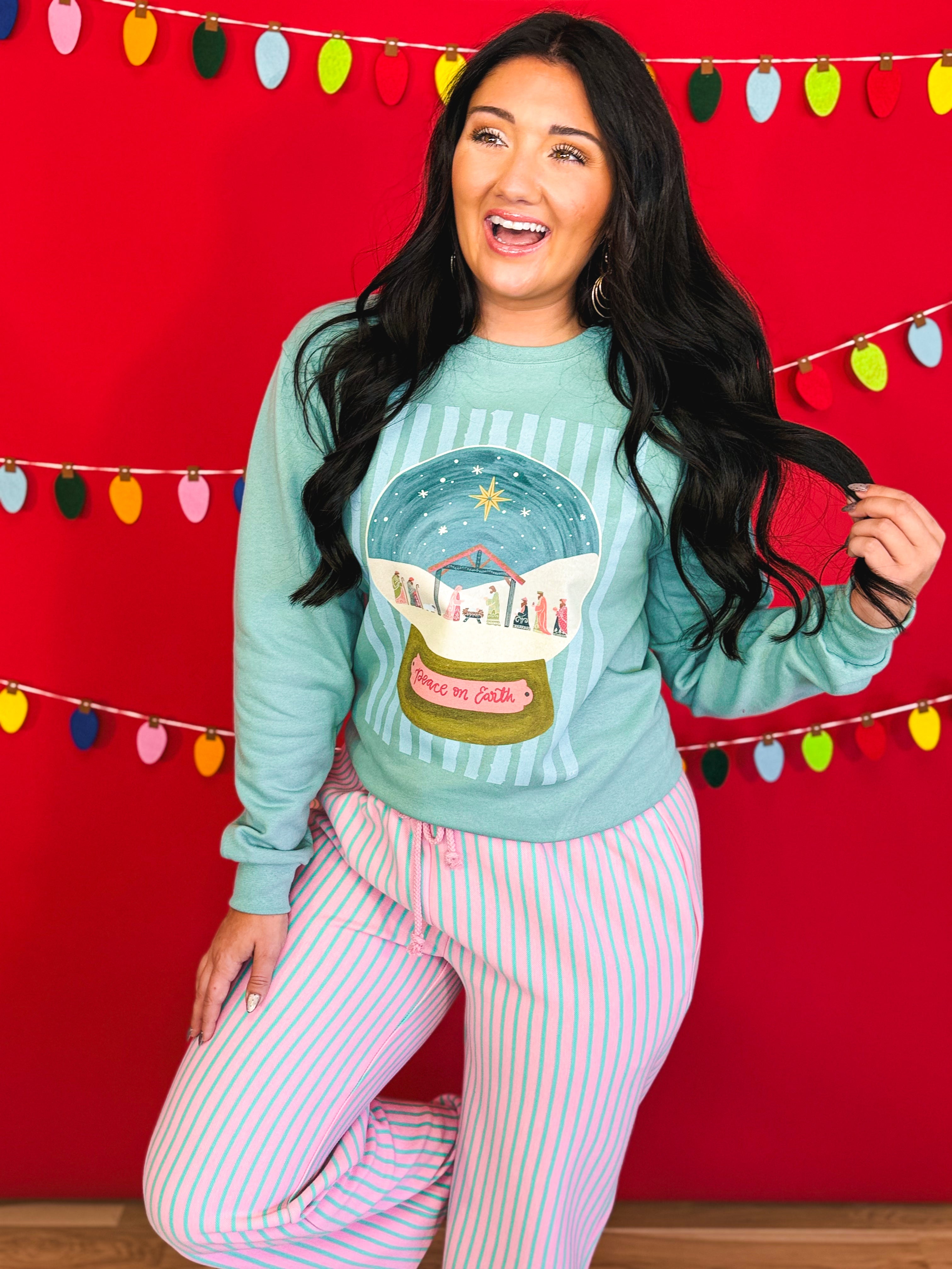Peace on Earth Nativity Globe Graphic Sweatshirt - Sage - Lace and Grace Boutique