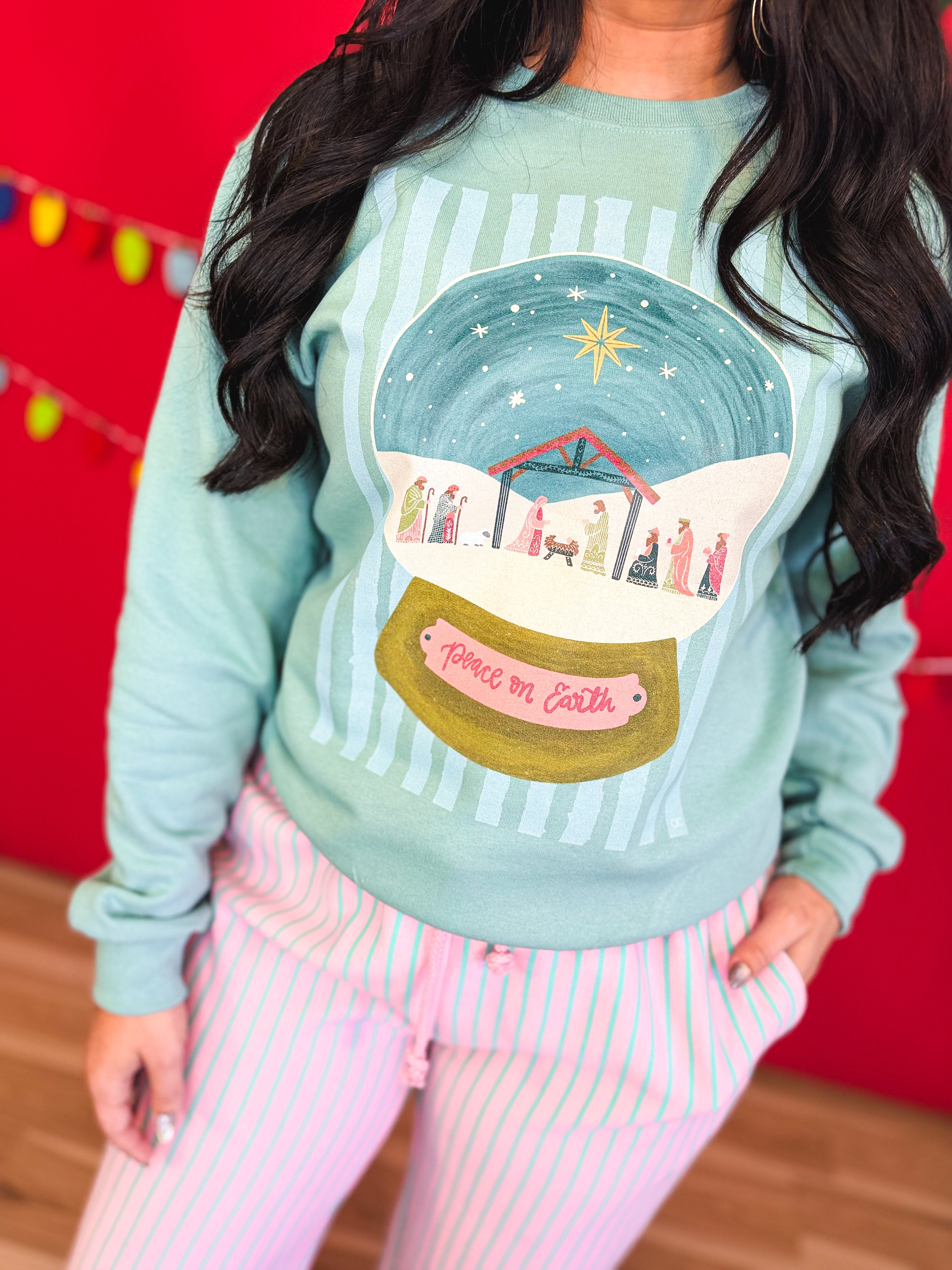 Peace on Earth Nativity Globe Graphic Sweatshirt - Sage - Lace and Grace Boutique