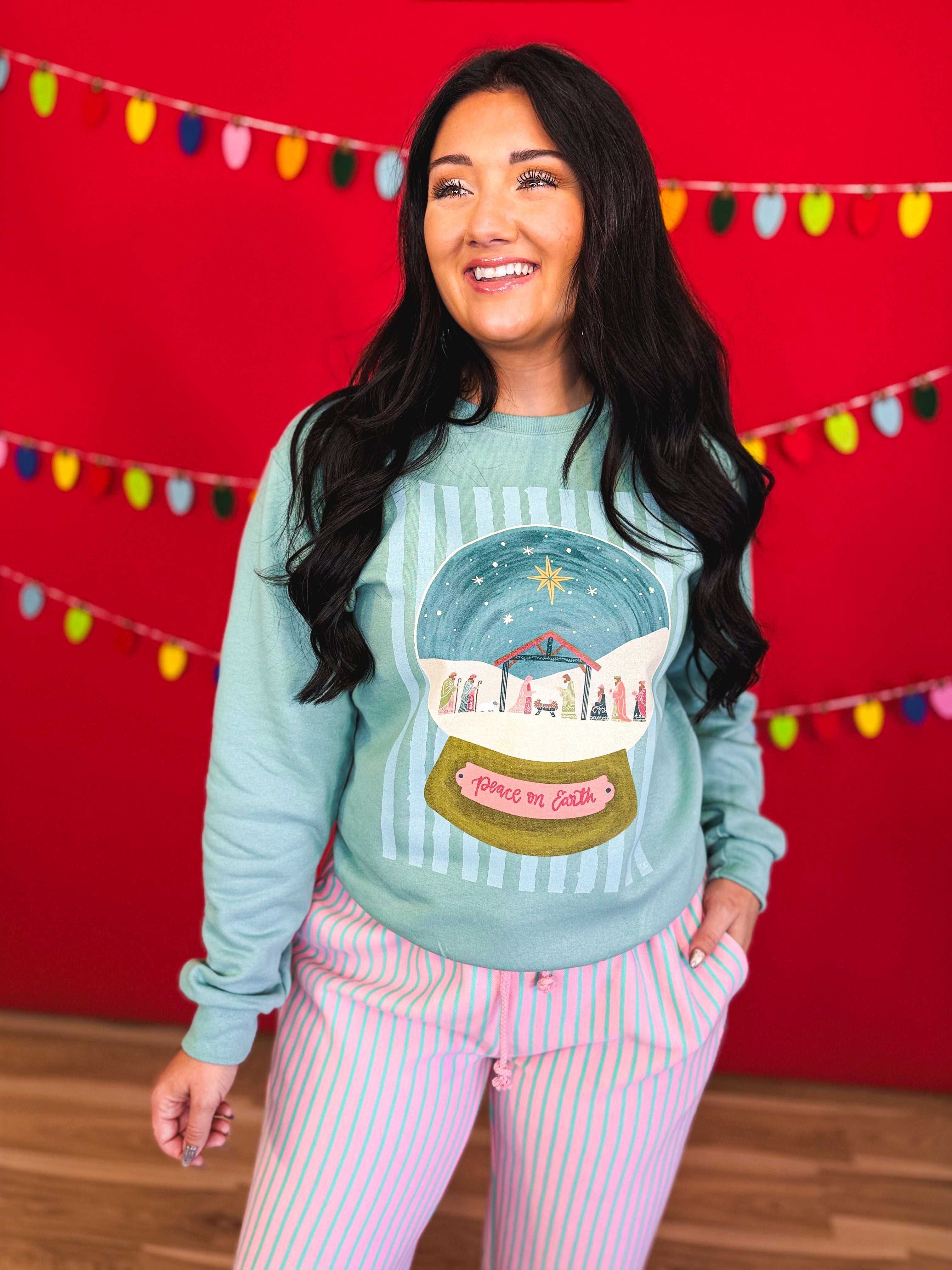Peace on Earth Nativity Globe Graphic Sweatshirt - Sage - Lace and Grace Boutique