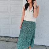 Floral Tiered Midi Skirt with Front Slit - Teal Green