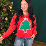 Mineral Wash Christmas Tree Patch French Terry Pullover - Red - Lace and Grace Boutique