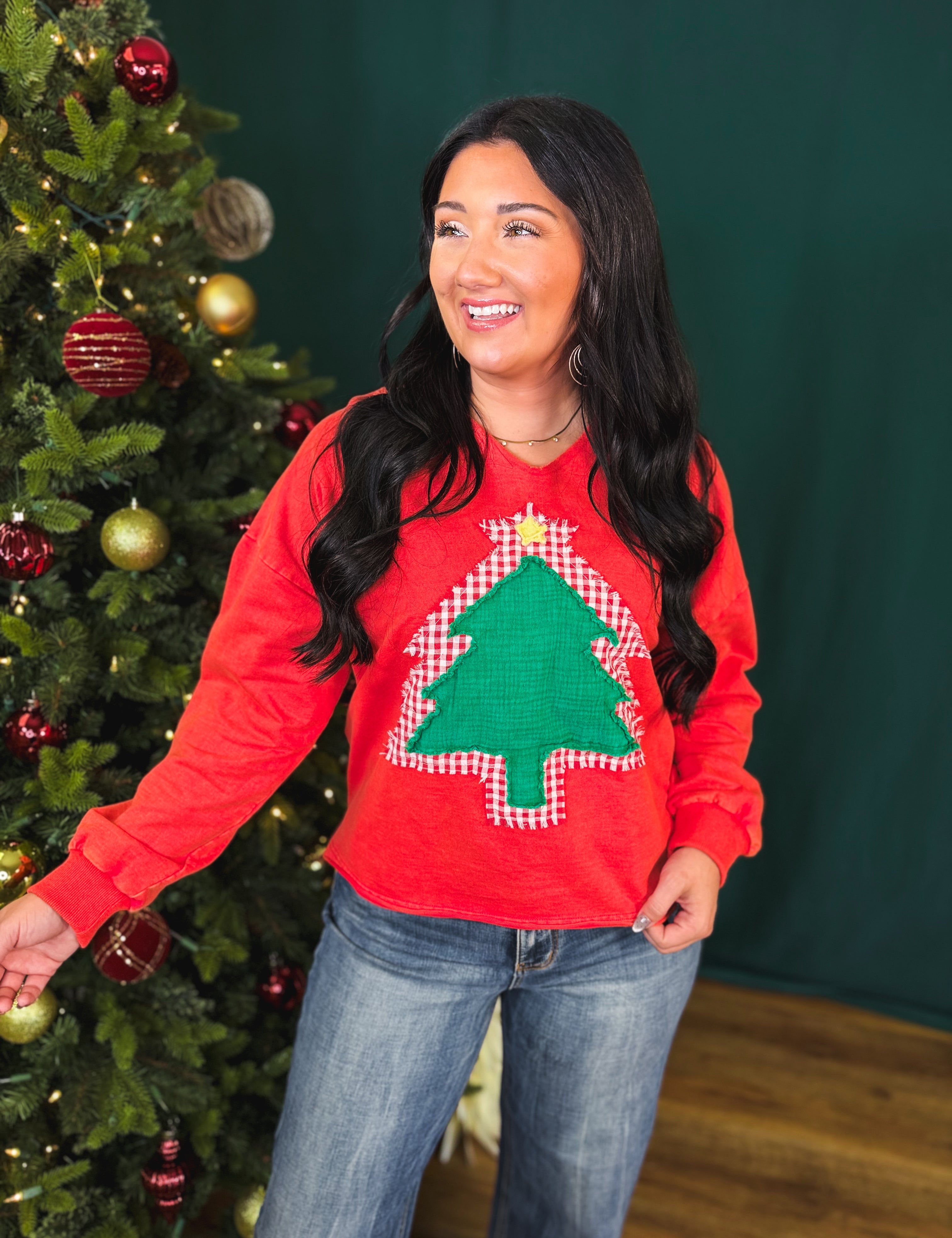 Mineral Wash Christmas Tree Patch French Terry Pullover - Red - Lace and Grace Boutique