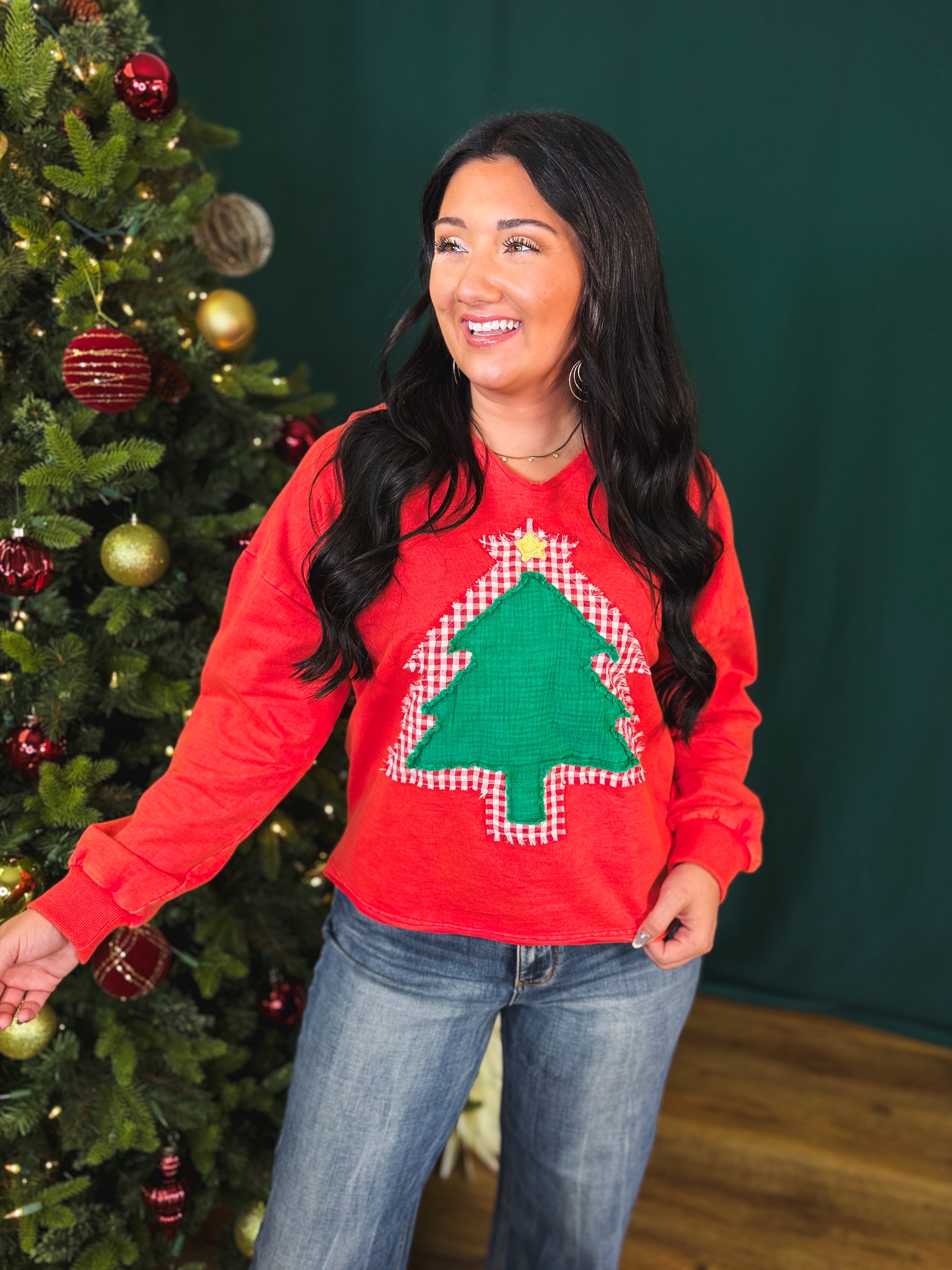 Mineral Wash Christmas Tree Patch French Terry Pullover - Red - Lace and Grace Boutique