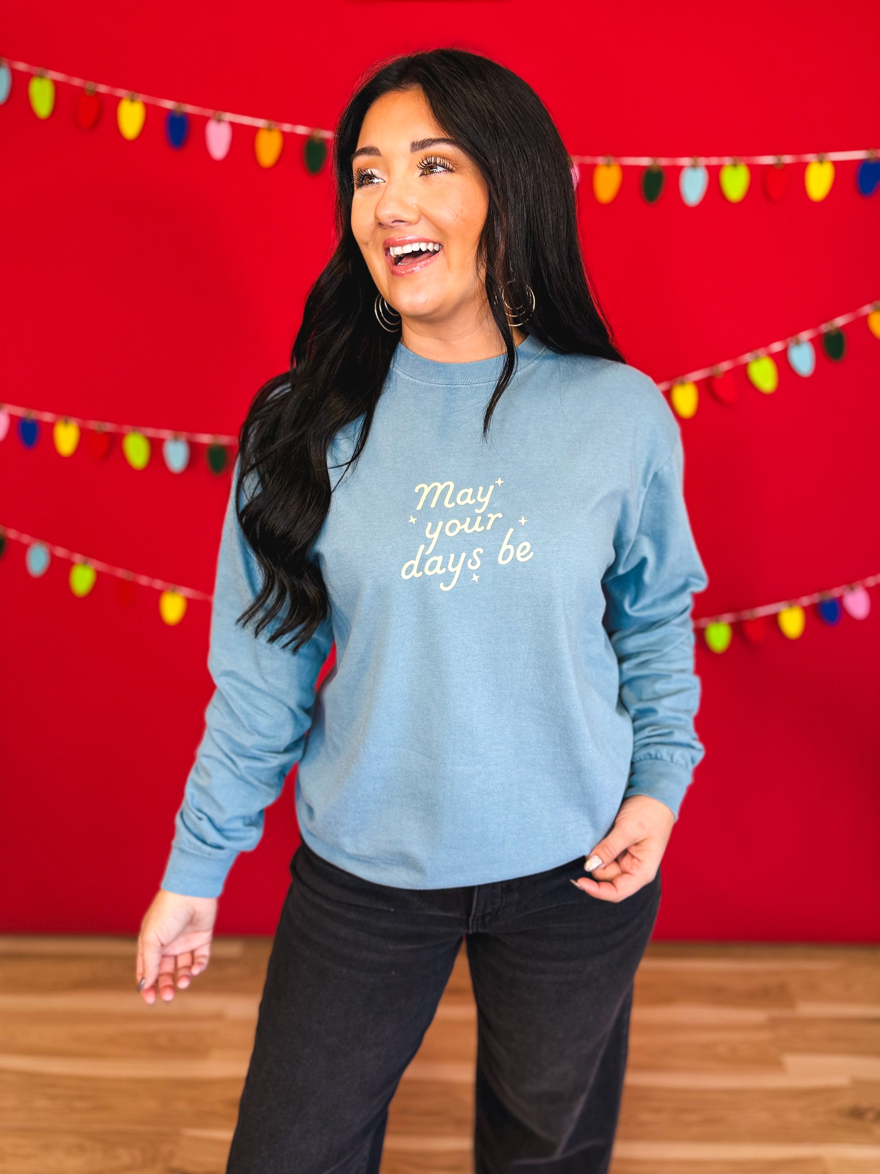 Merry & Bright Long Sleeve Graphic Tee - Ice Blue - Lace and Grace Boutique