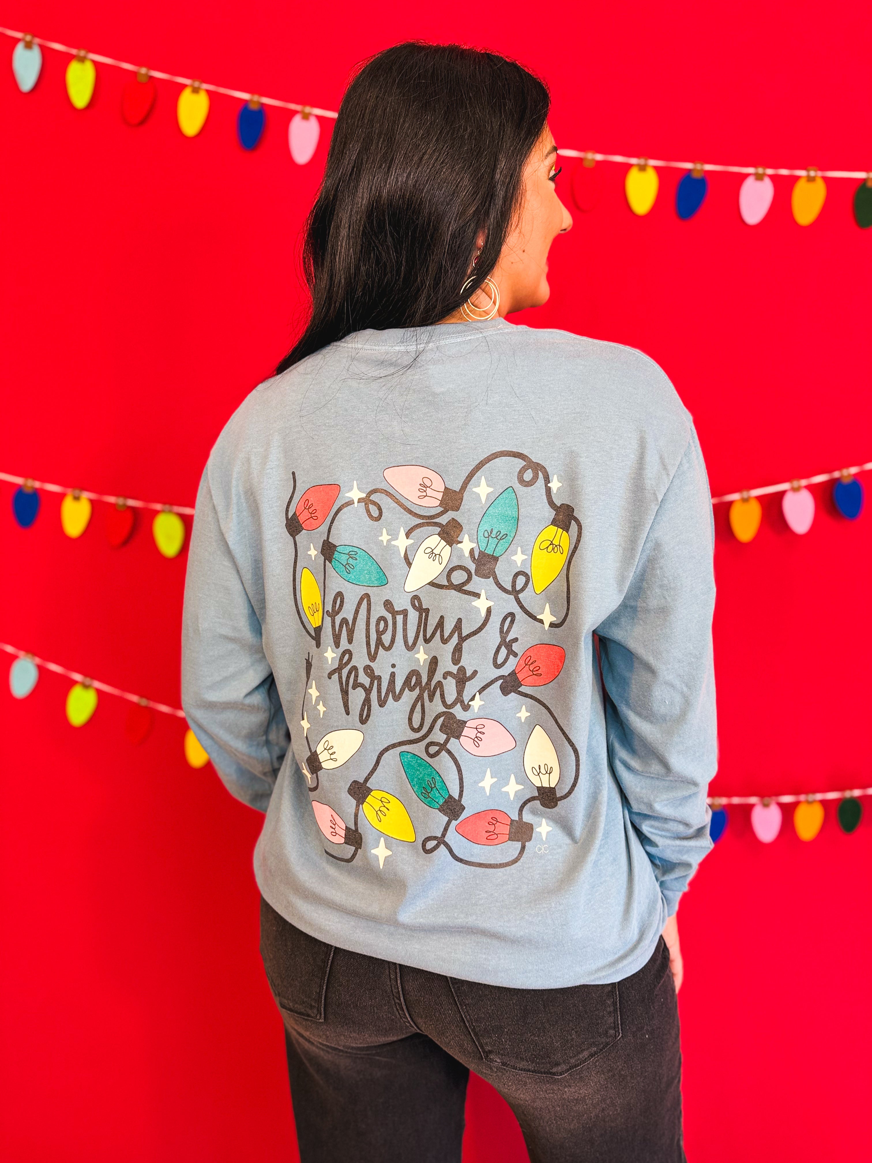 Merry & Bright Long Sleeve Graphic Tee - Ice Blue - Lace and Grace Boutique