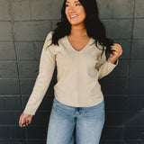 Front Seam Solid Knit Sweater - Oatmeal