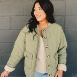 Quilted Sherpa Puffer Jacket - Olive