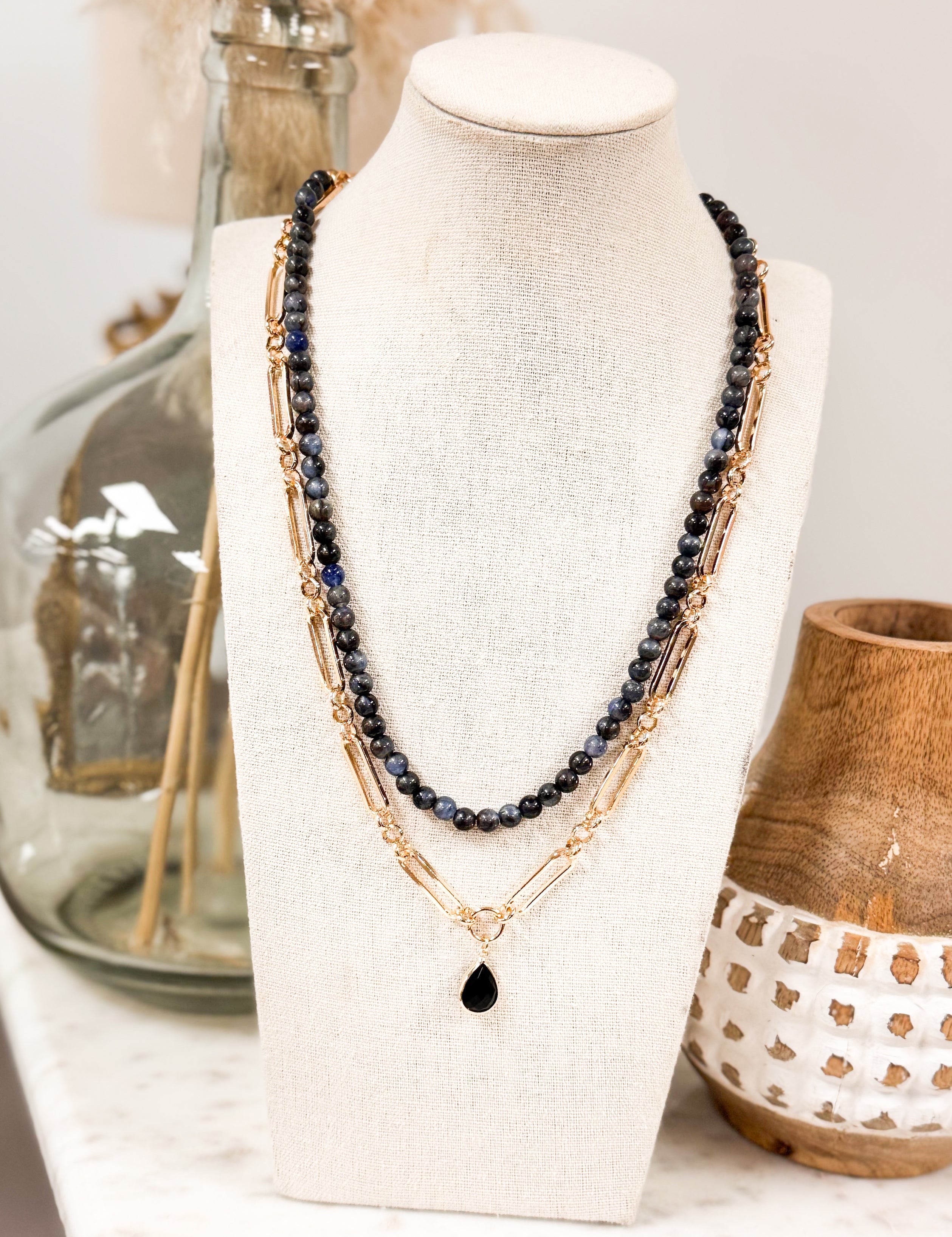 Stone Beaded & Chain Link Layered Pendant Necklace - Lace and Grace Boutique