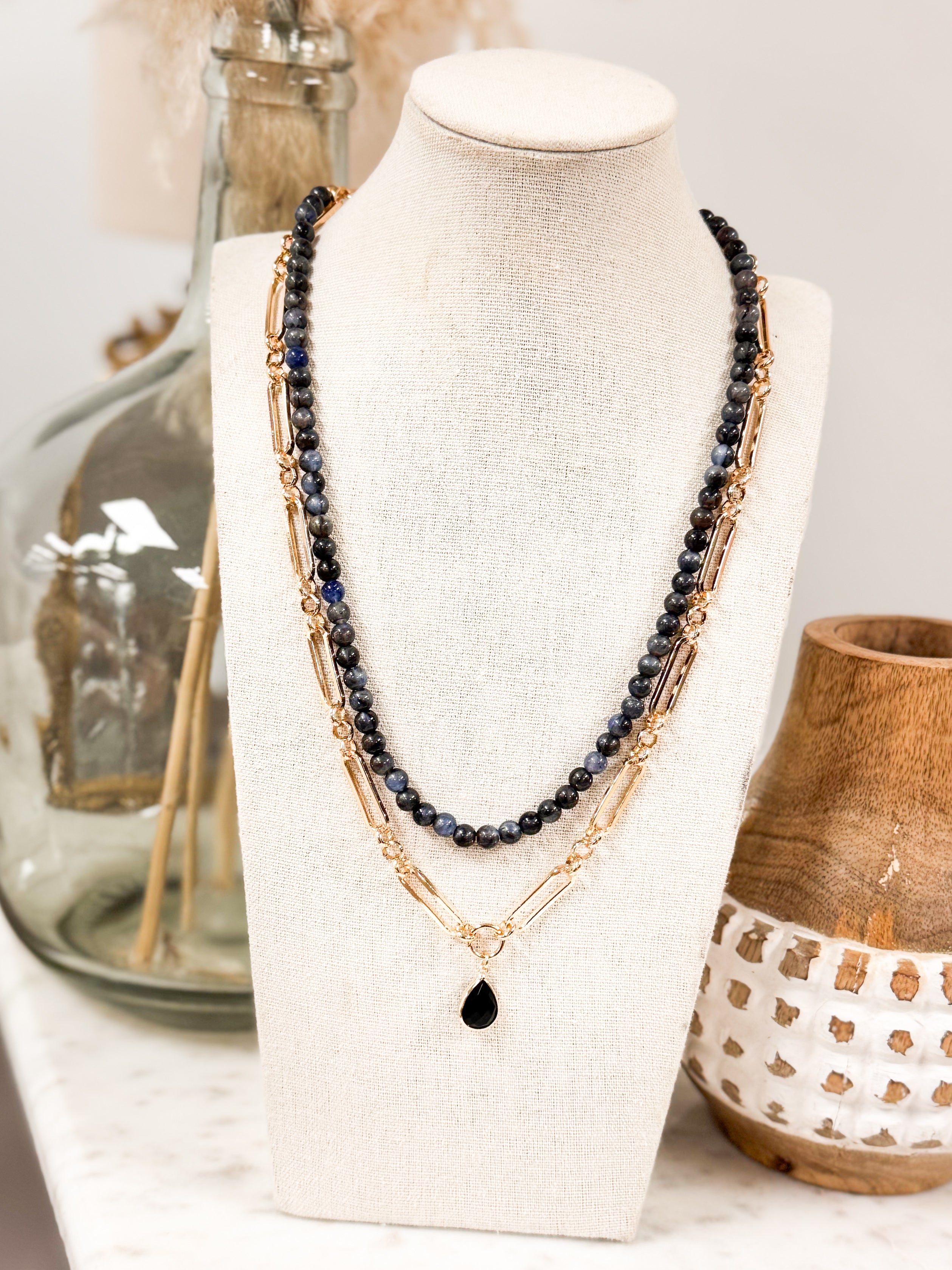 Stone Beaded & Chain Link Layered Pendant Necklace - Lace and Grace Boutique