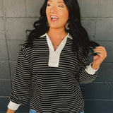 Contrast Collar Striped Knit Top - Black
