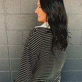 Contrast Collar Striped Knit Top - Black