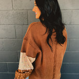 Mixed Media Long Sleeve Thermal Top - Sepia