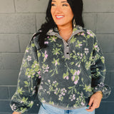 Floral Sherpa Snap Button Pullover - Grey