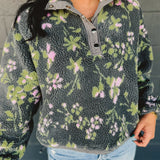 Floral Sherpa Snap Button Pullover - Grey