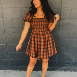 Plaid Smocked Mini Dress - Brown/Black