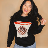 Vintage Basketball Hoop Sequins Chenille Patch Sweatshirt - Black