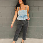Western Buckle Denim Peplum Tank - Light Wash - Lace and Grace Boutique