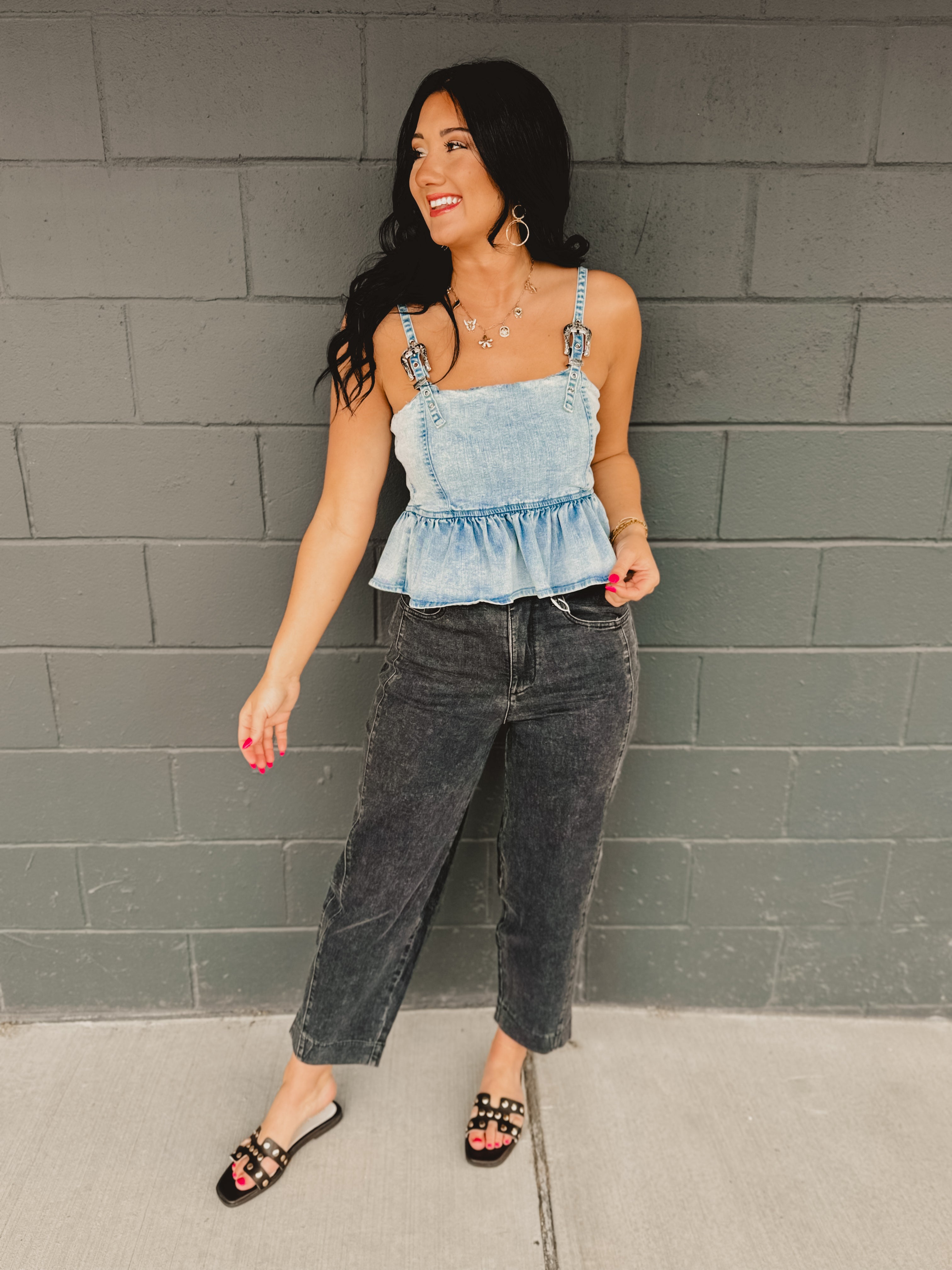 Western Buckle Denim Peplum Tank - Light Wash - Lace and Grace Boutique