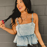 Western Buckle Denim Peplum Tank - Light Wash - Lace and Grace Boutique